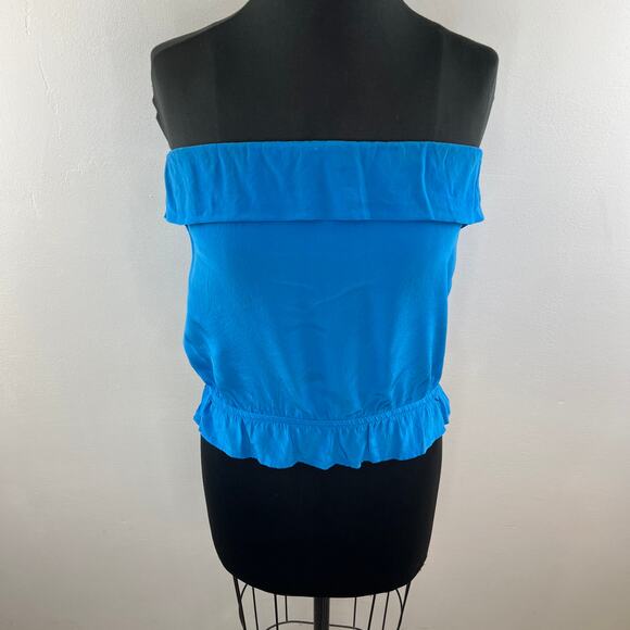 Eight Sixty Blue Top Silk Off the Shoulder Ruffle Hem Halter Size X-Small XS - Picture 2 of 8